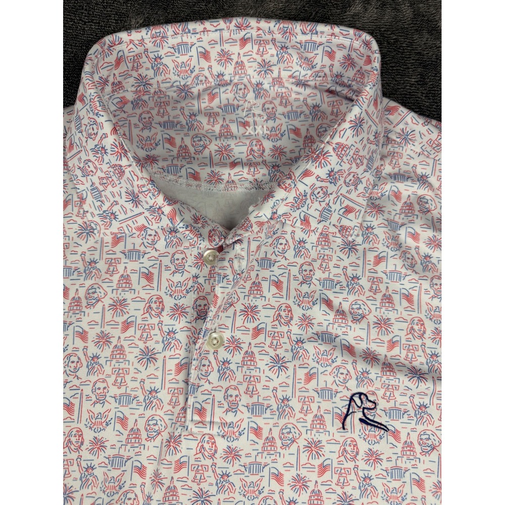 Rhoback Mens XXL Patriotic Performance Polo Shirt White Red Blue USA Flag Golf